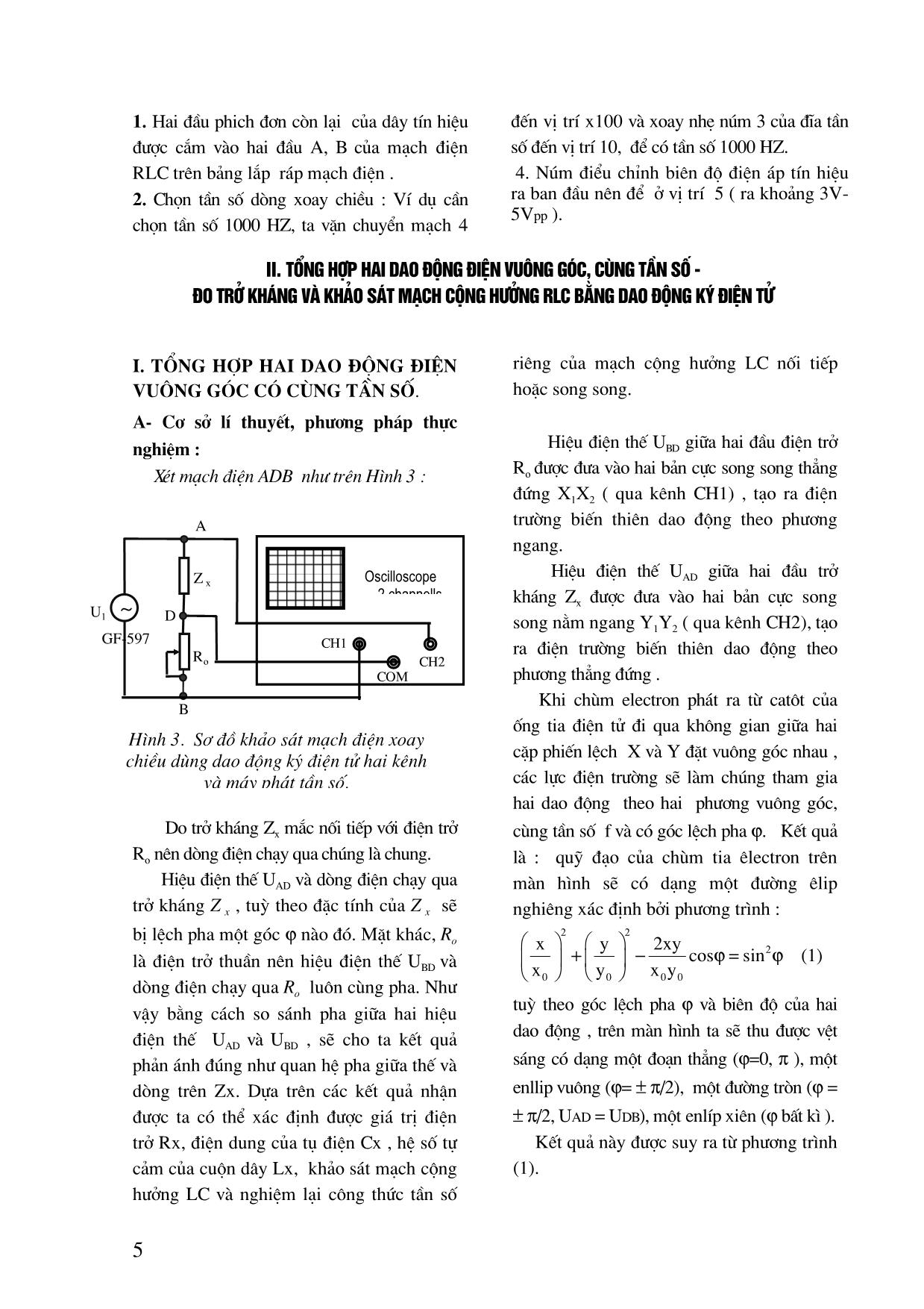 Khảo sát mạch điện RLC có dòng xoay chiều dùng dao động ký điện tử hai kênh và máy phát tần số trang 5