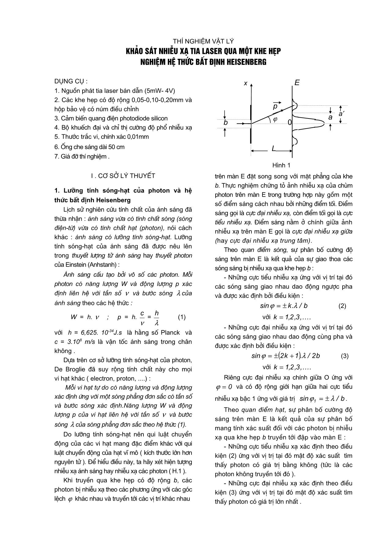 Khảo sát nhiễu xạ tia laser qua một khe hẹp nghiệm hệ thức bất định heisenberg trang 1