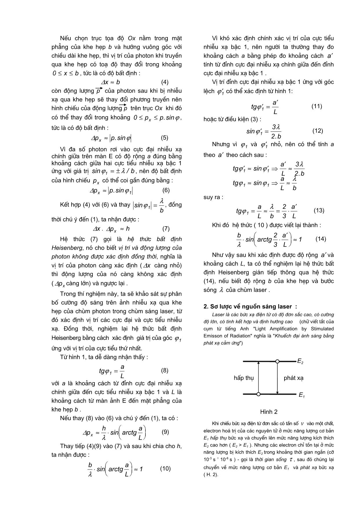 Khảo sát nhiễu xạ tia laser qua một khe hẹp nghiệm hệ thức bất định heisenberg trang 2