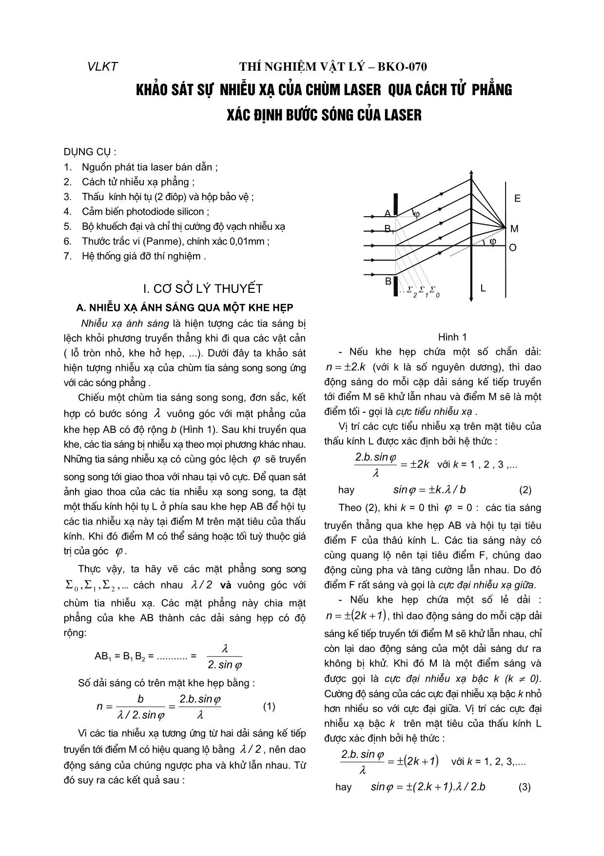 Khảo sát sự nhiễu xạ của chùm laser qua cách tử phẳng xác định bước sóng của laser trang 1