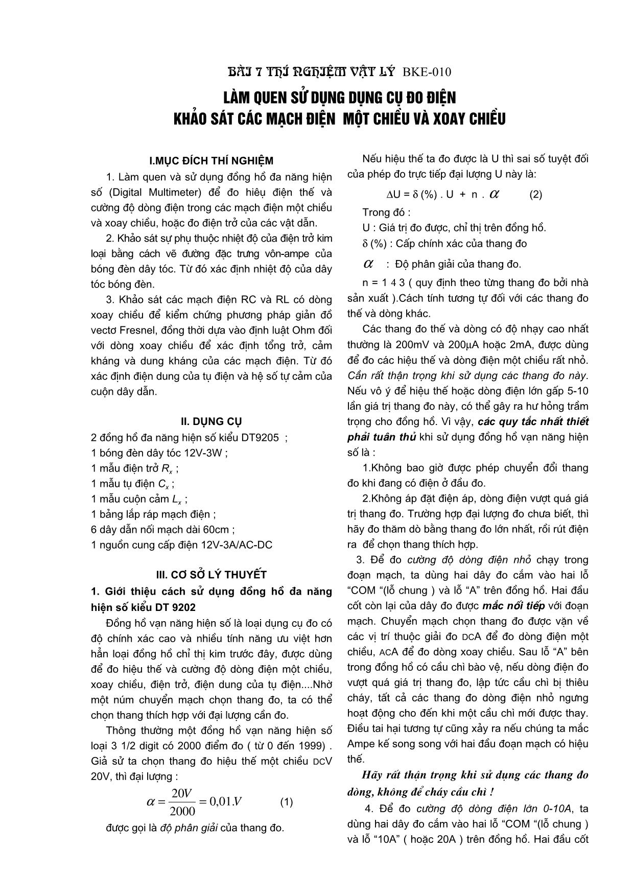 Làm quen Sử dụng dụng cụ đo điện Khảo sát các mạch điện một chiều và xoay chiều trang 1