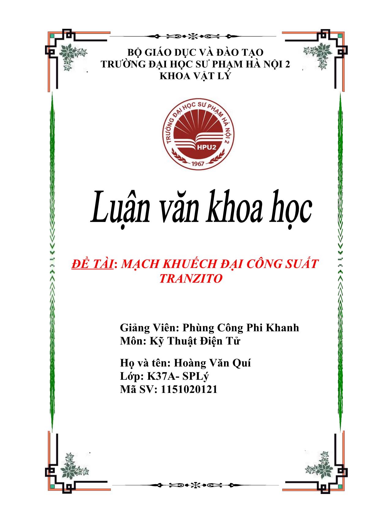 Luận văn Mạch khuếch đại công suất tranzito trang 1