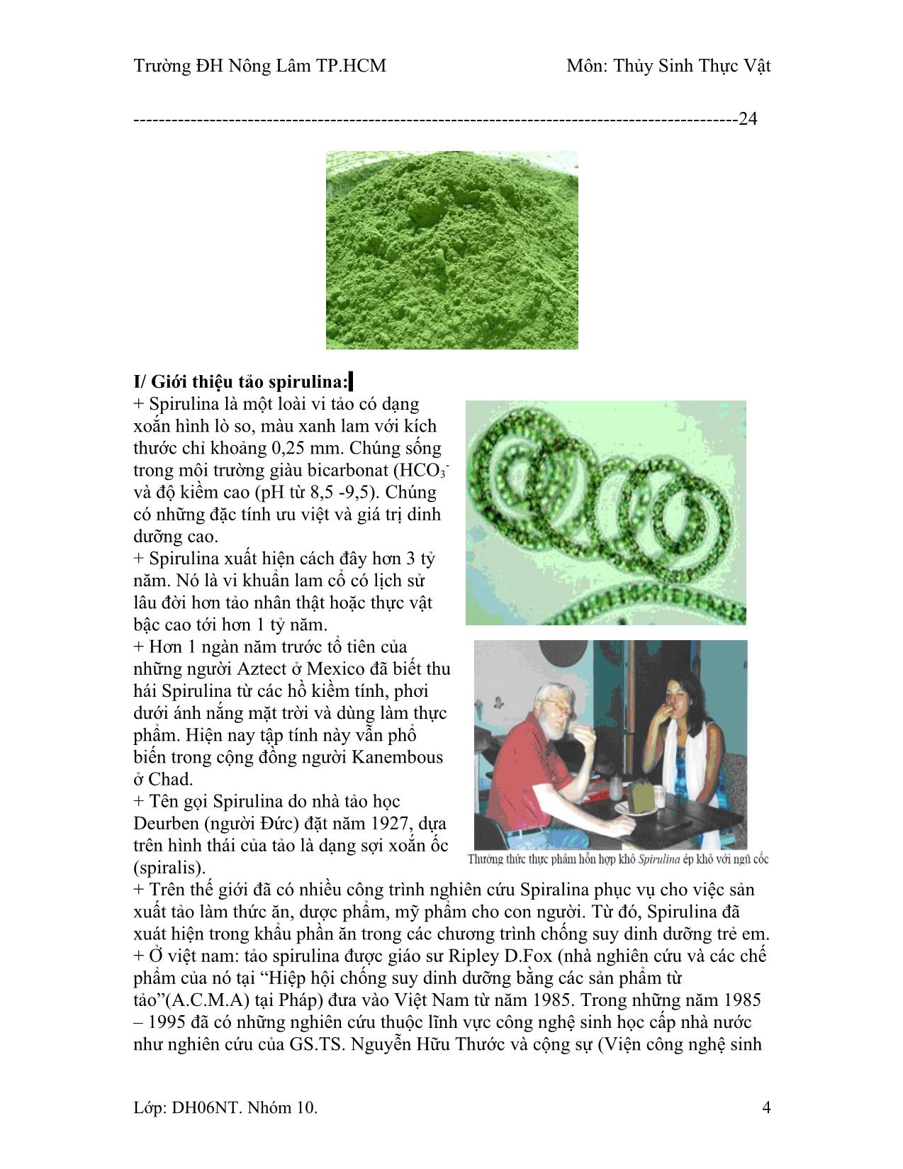 Tiểu luận Quy trình nuôi trồng chế biến, chiết xuất tảo Spirulina trang 4