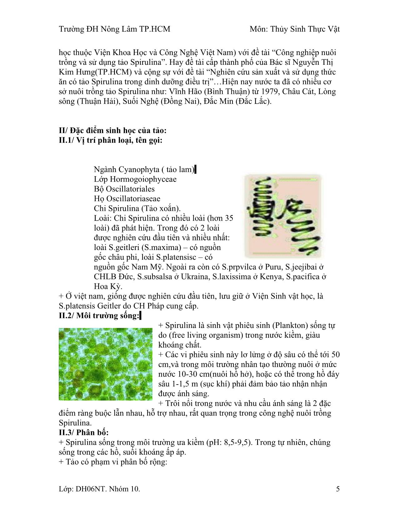 Tiểu luận Quy trình nuôi trồng chế biến, chiết xuất tảo Spirulina trang 5