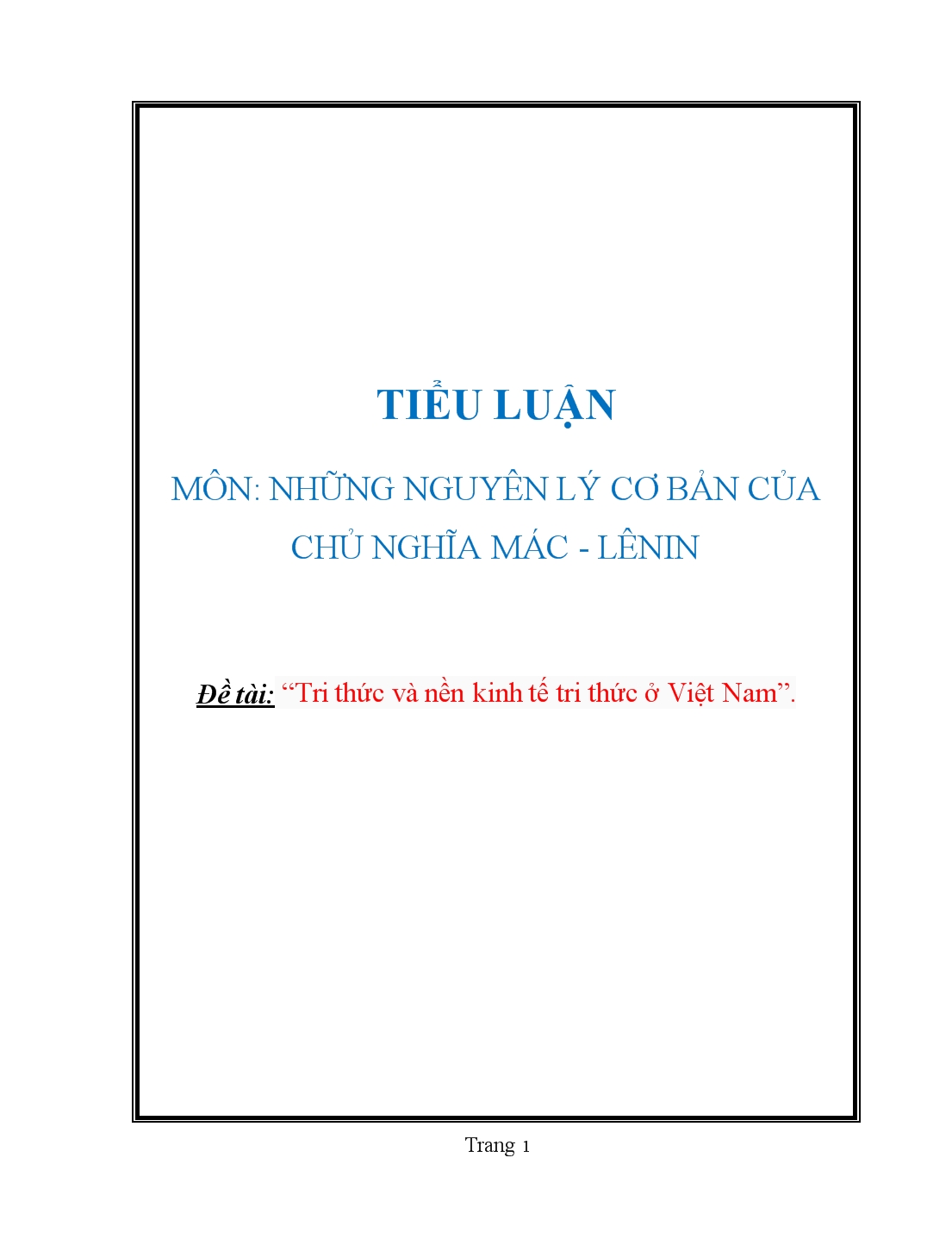 Tiểu luận Tri thức và nền kinh tế tri thức ở Việt Nam trang 1