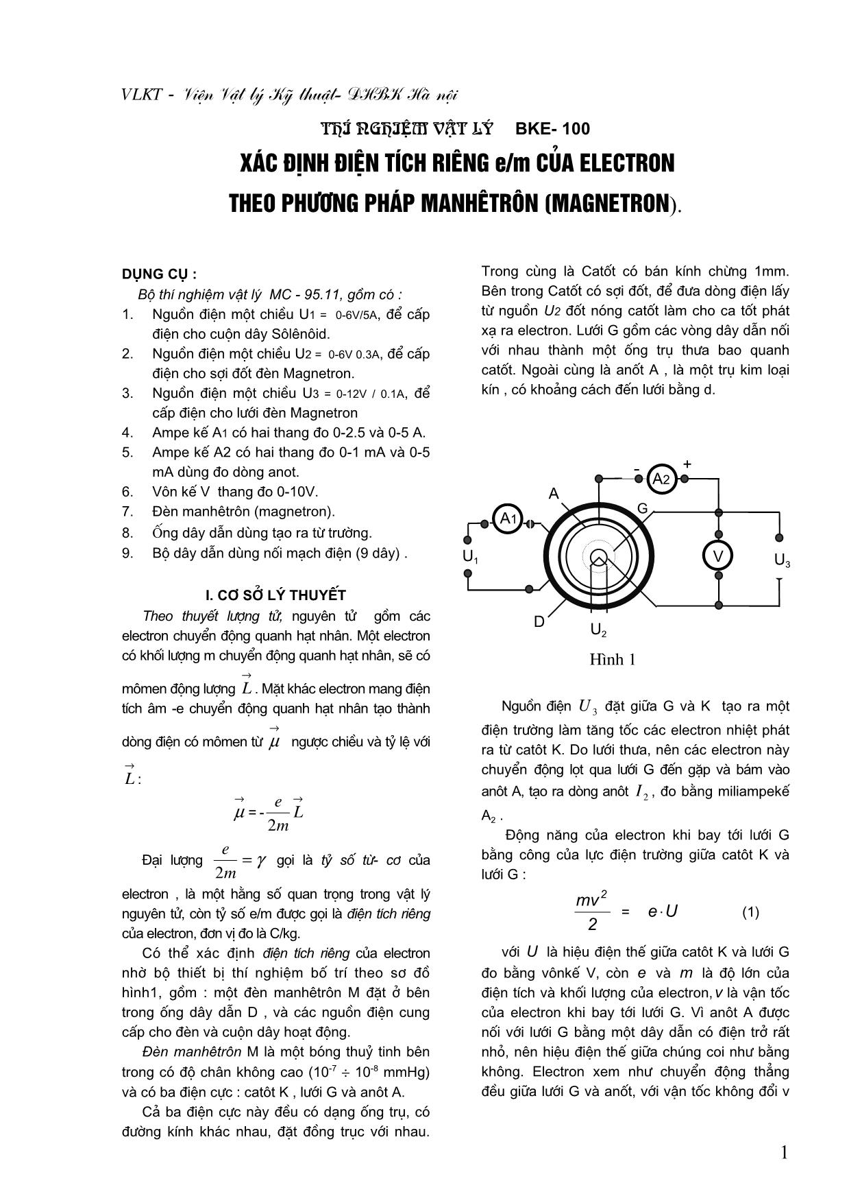 Xác định điện tích riêng e/mcủa electron theo phương pháp manhêtrôn (magnetron) trang 1