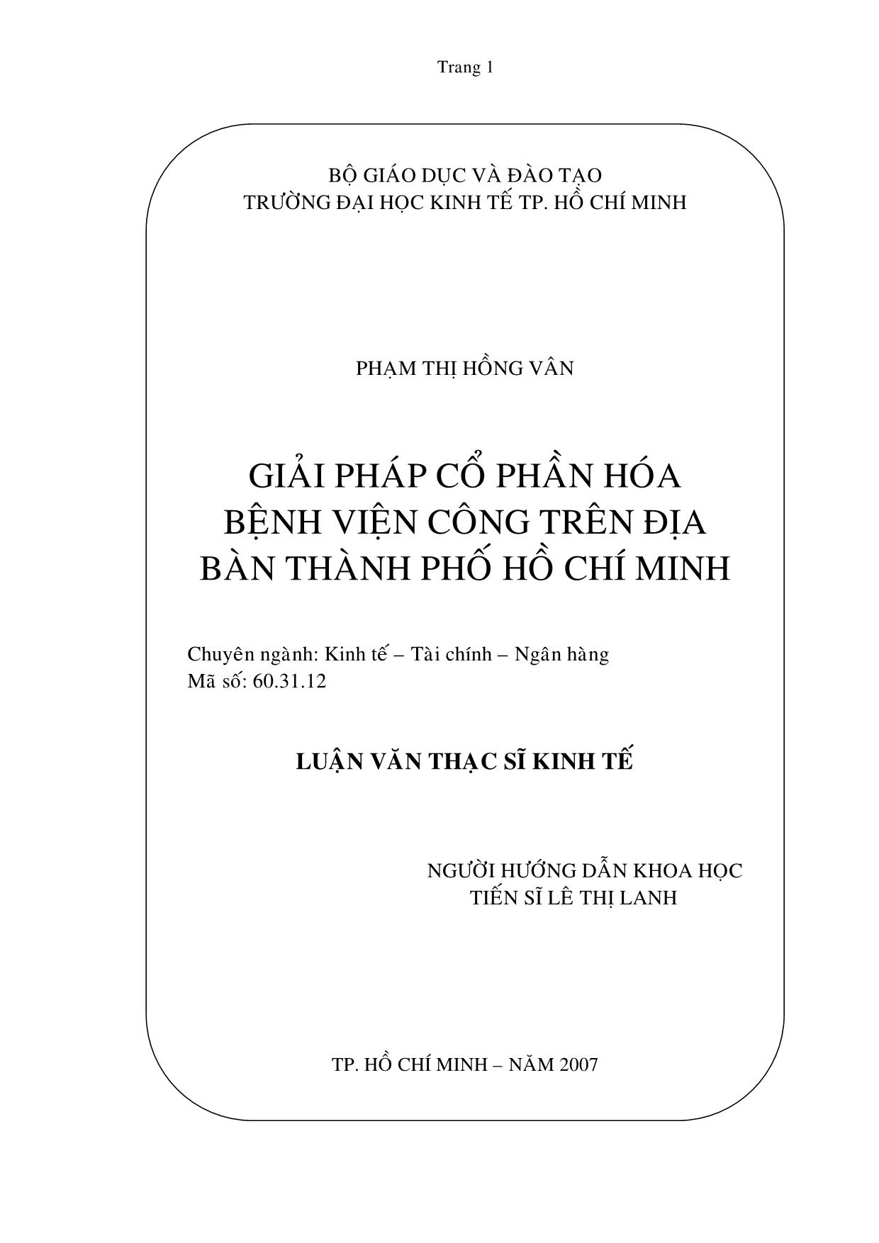 Luận văn Giải pháp cổ phần hóa bệnh viện công trên địa bàn thành phố Hồ Chí Minh trang 1